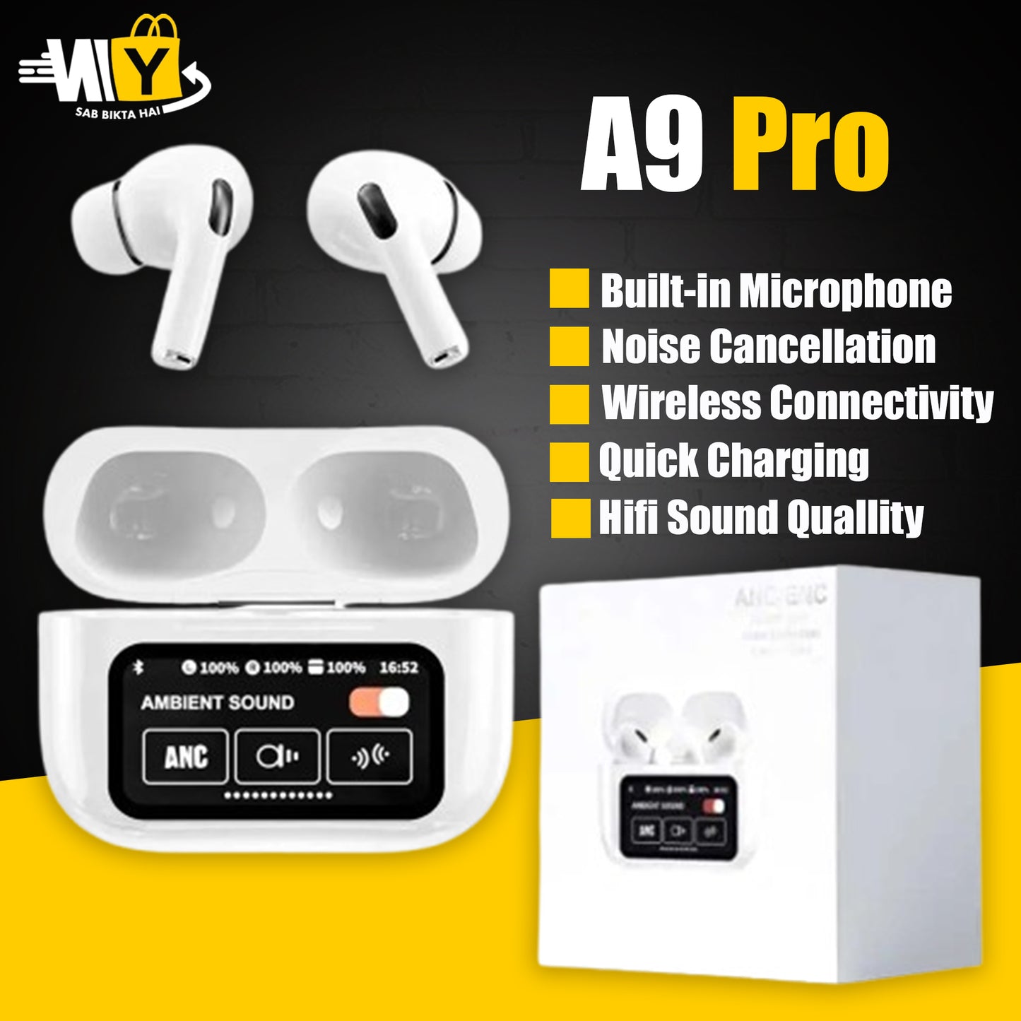 A9 Pro Airpods - High-Definition Sound with Touchscreen Controls and Adaptive Noise Cancellation